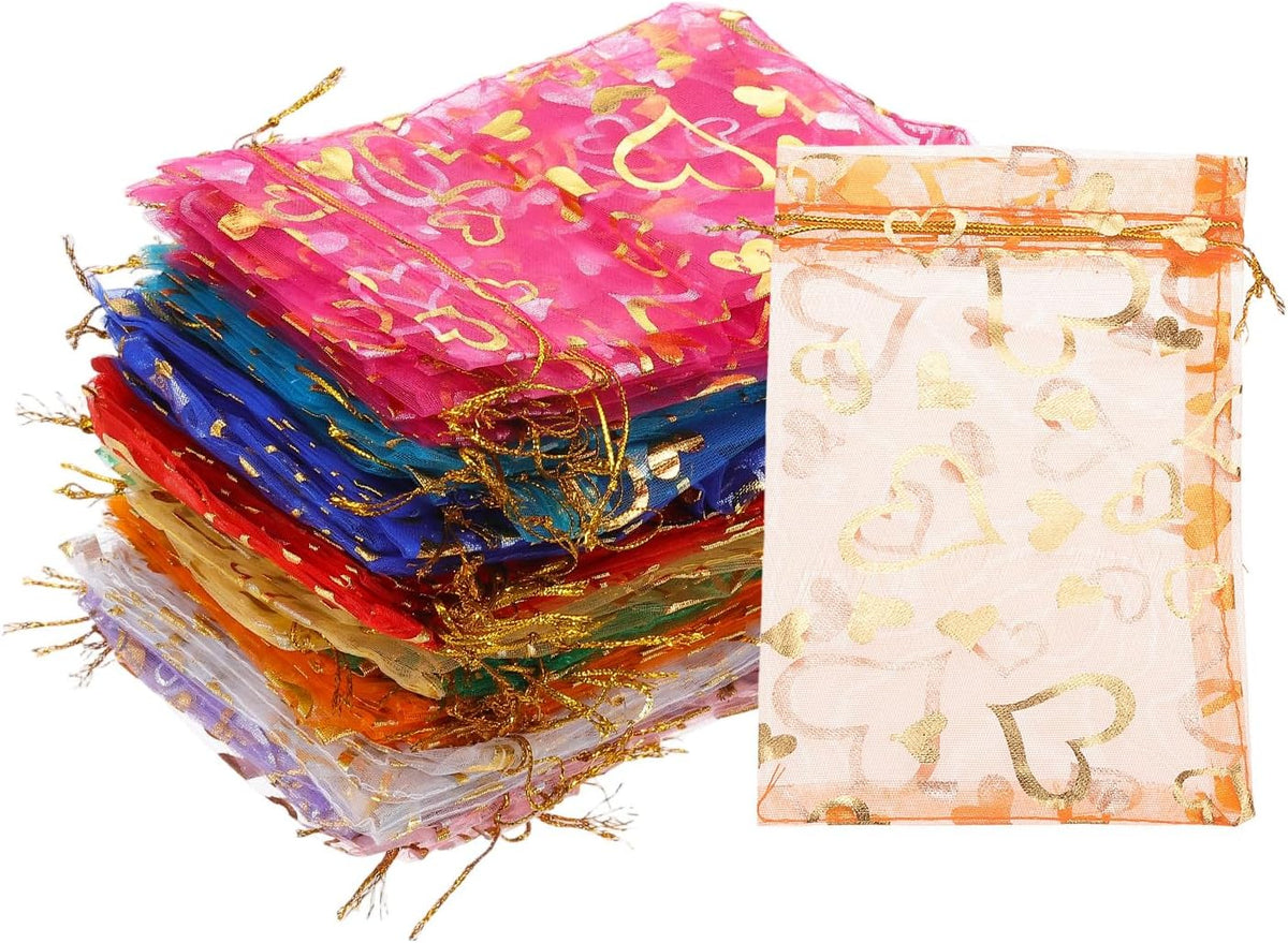 PATIKIL 100 Pcs 4x6 Inch Heart Printed Organza Bags, 10 Color Sheer Heart Organza Bags with