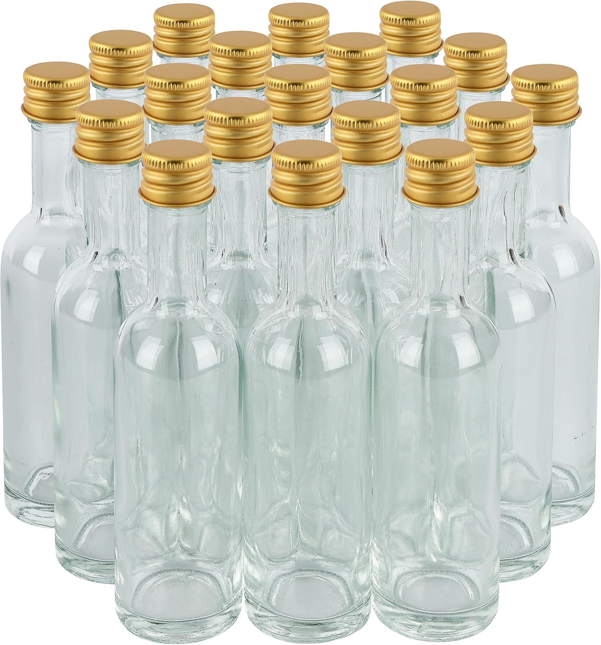 50 ml (1.7oz) 24 Pack, Mini Small Glass Bottles With Leak Proof Air Tight Gold Caps, Aluminum Lids