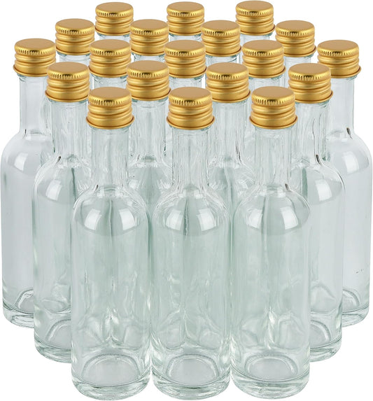 50 ml (1.7oz) 24 Pack, Mini Small Glass Bottles With Leak Proof Air Tight Gold Caps, Aluminum Lids