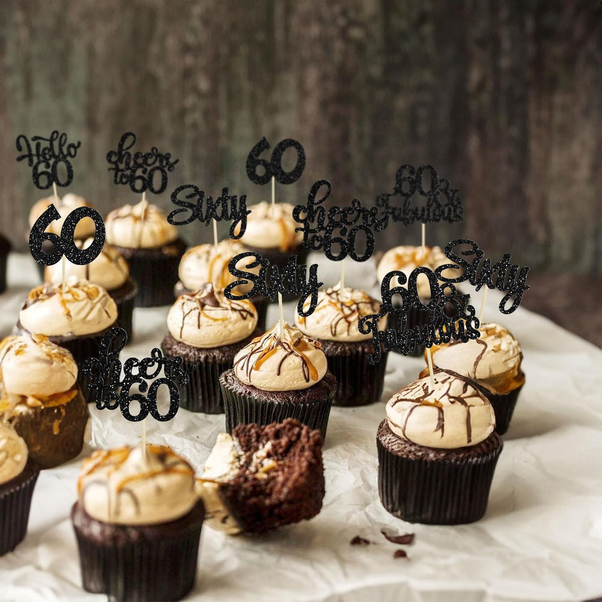 30Pcs Happy 60th Birthday Cupcake Toppers Black Glitter Sixty Cake Toppers Cheers to 60 Years Old