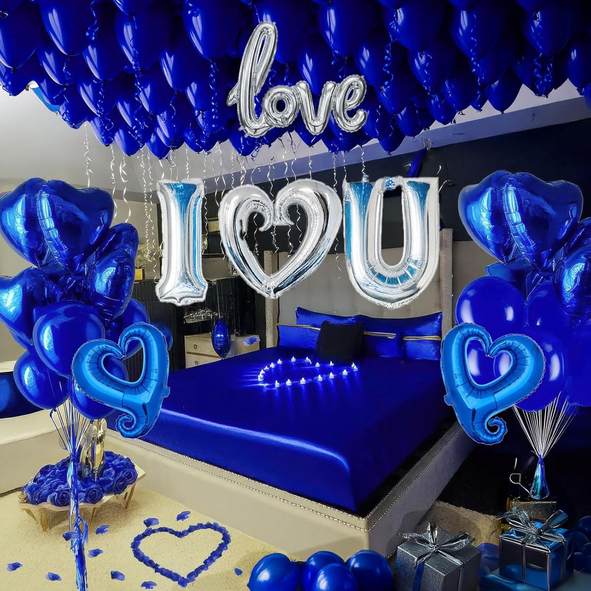 I Love You Balloons for Him/Her Balloons Royal Blue Sliver romantic balloon kit with blue heart