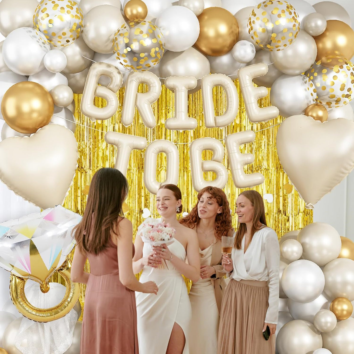 Cream Gold Bachelorette Party Decorations, Bride To Be Mylar Foil Letter Balloons with White Gold
