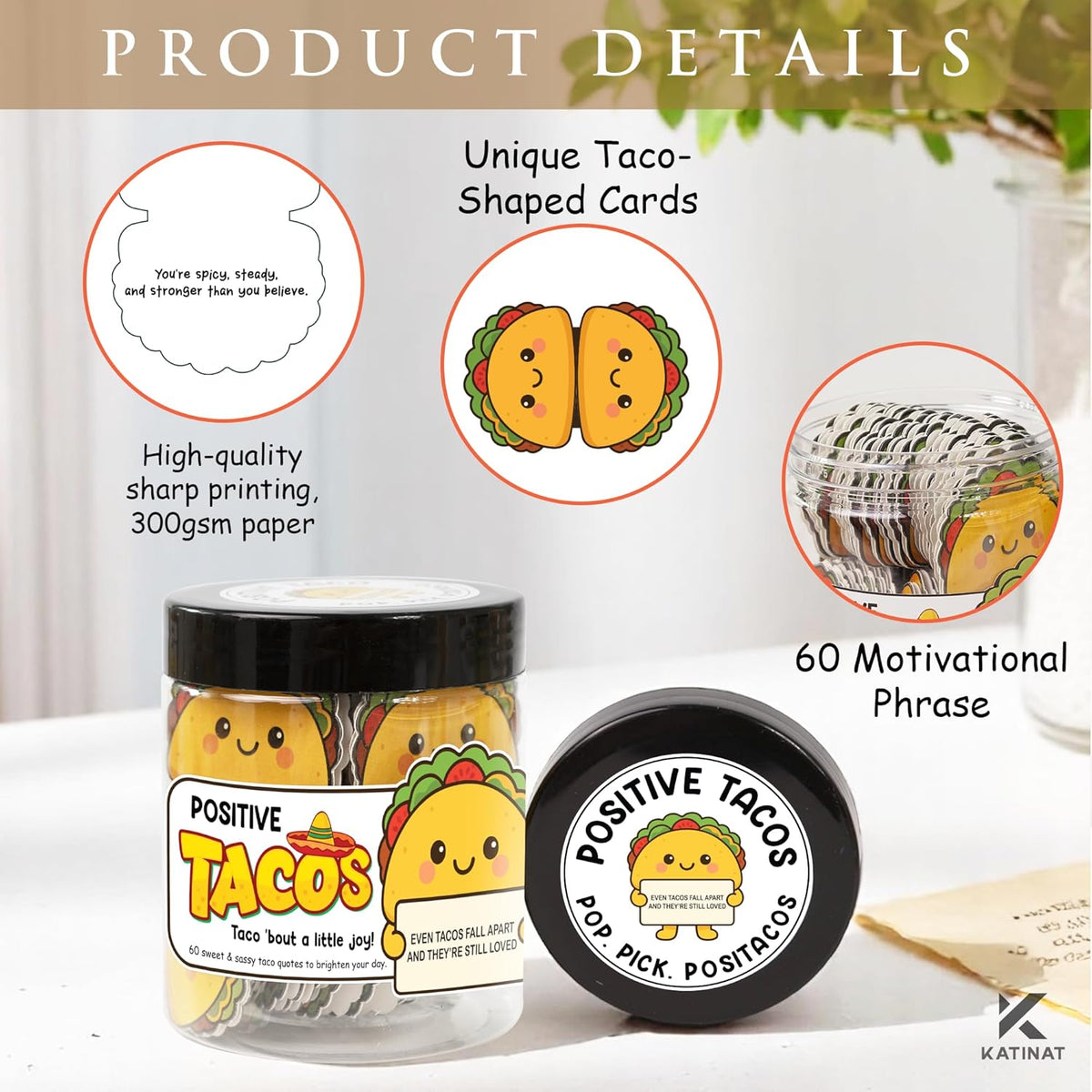 Positive Taco Jar – 60 Funny Emotional Support Taco, Back to School Gift for Students, Teachers