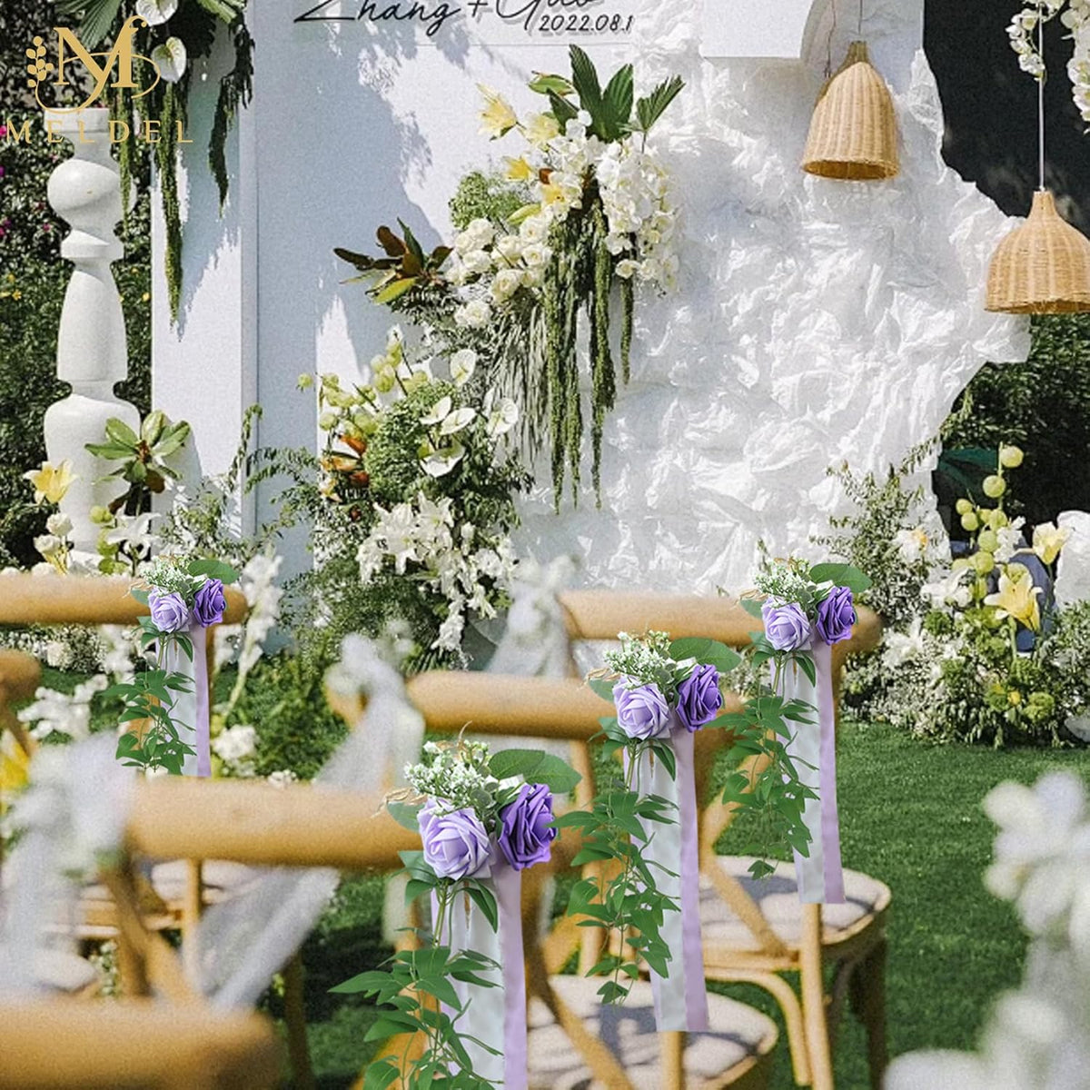 Meldel Wedding Chair Decorations Set of 10 Aisle Artificial Flowers White Puprle Rose Garland with