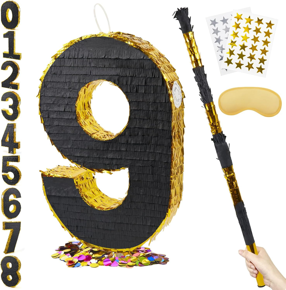 PCFING 20 Inch Number 9 Piñata Gold Black with 30 Inch Piñata Stick Blindfold Confetti for Man