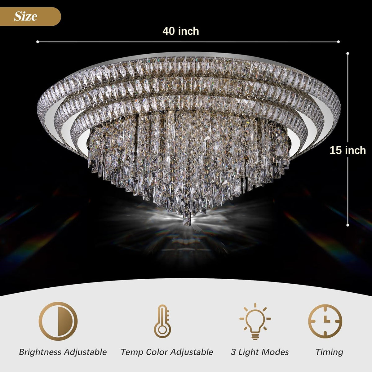 40 inch Crystal Silver Ceiling-Light Flush Mount with Remote Control and APP, 3CCT Dimmable &