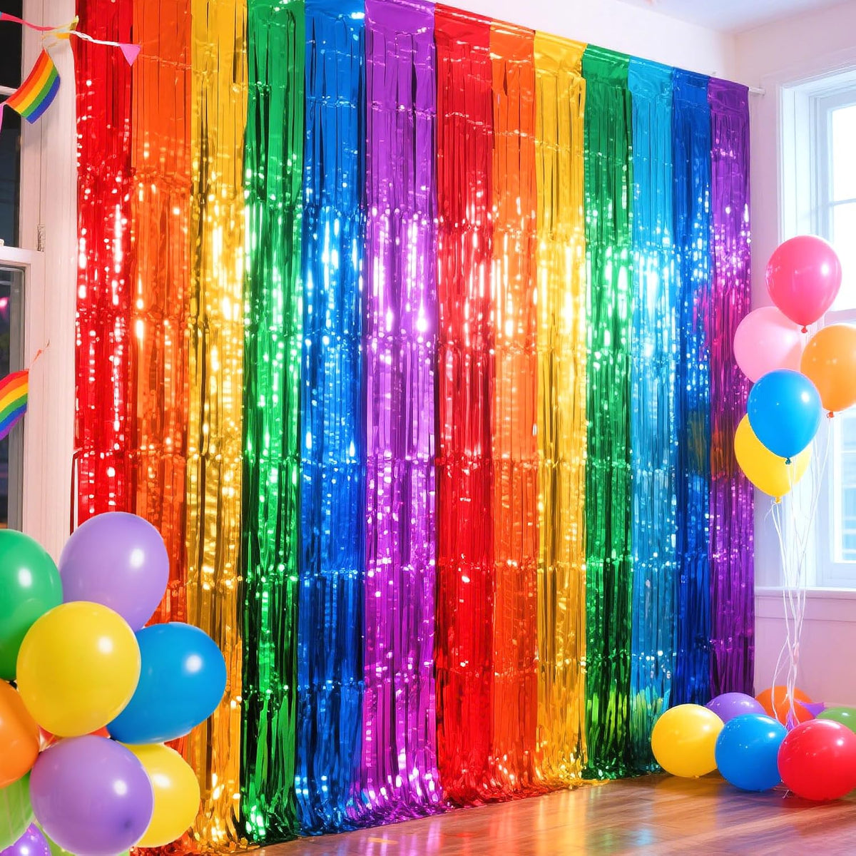 4 Packs Rainbow Foil Fringe Curtain, Assorted Color Metallic Tinsel Backdrop for Birthday, Baby