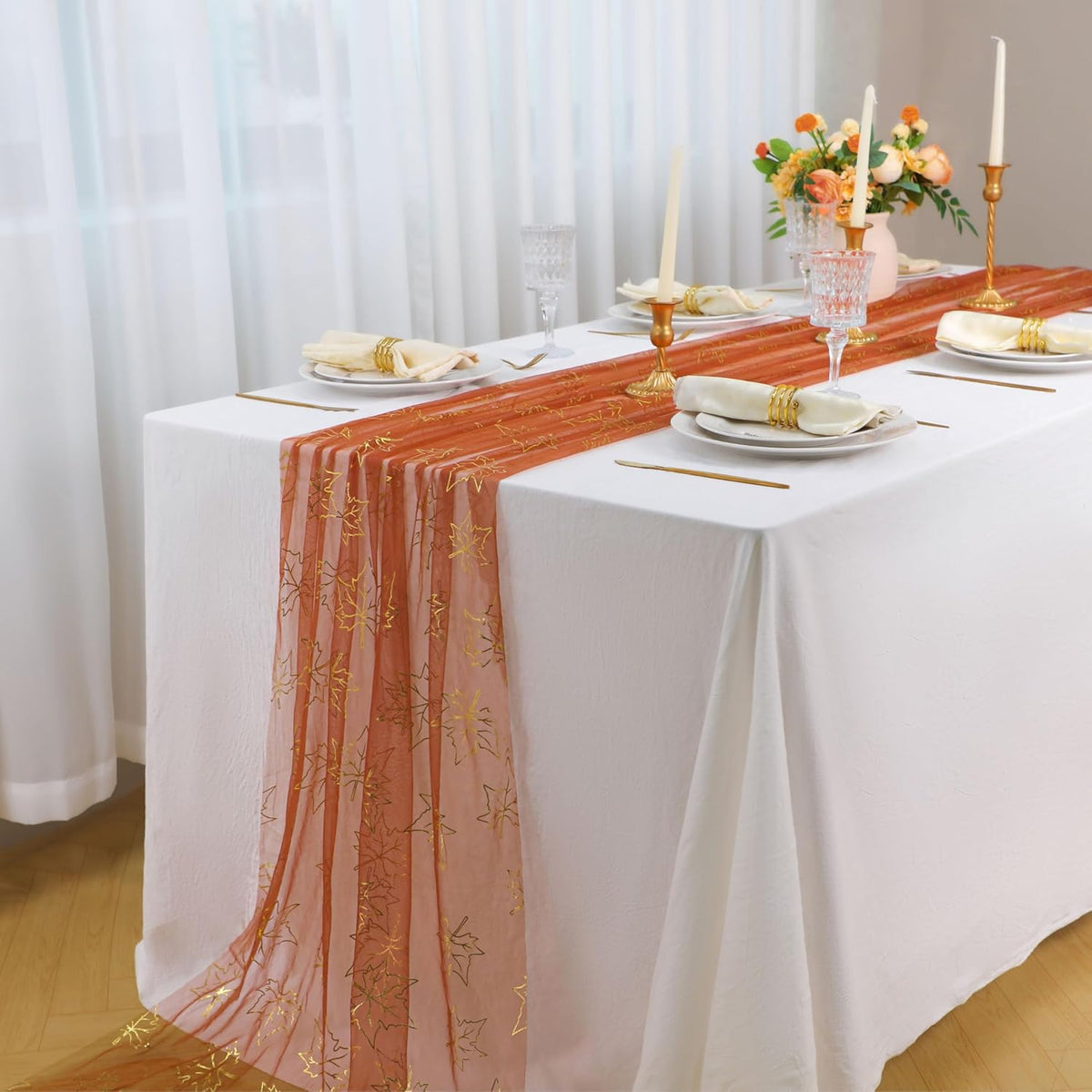 Snowkingdom Terracotta Gold Table Runner 10Ft, Gold Maple Leaves Burnt Orange Gauze Chiffon Runners