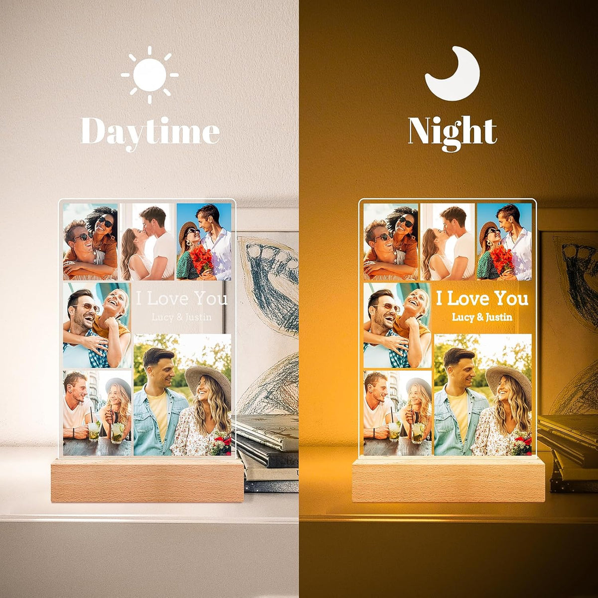 Custom Couple Picture Frames with Photos, Customized Acrylic Plaque Photo Frame with Night Light