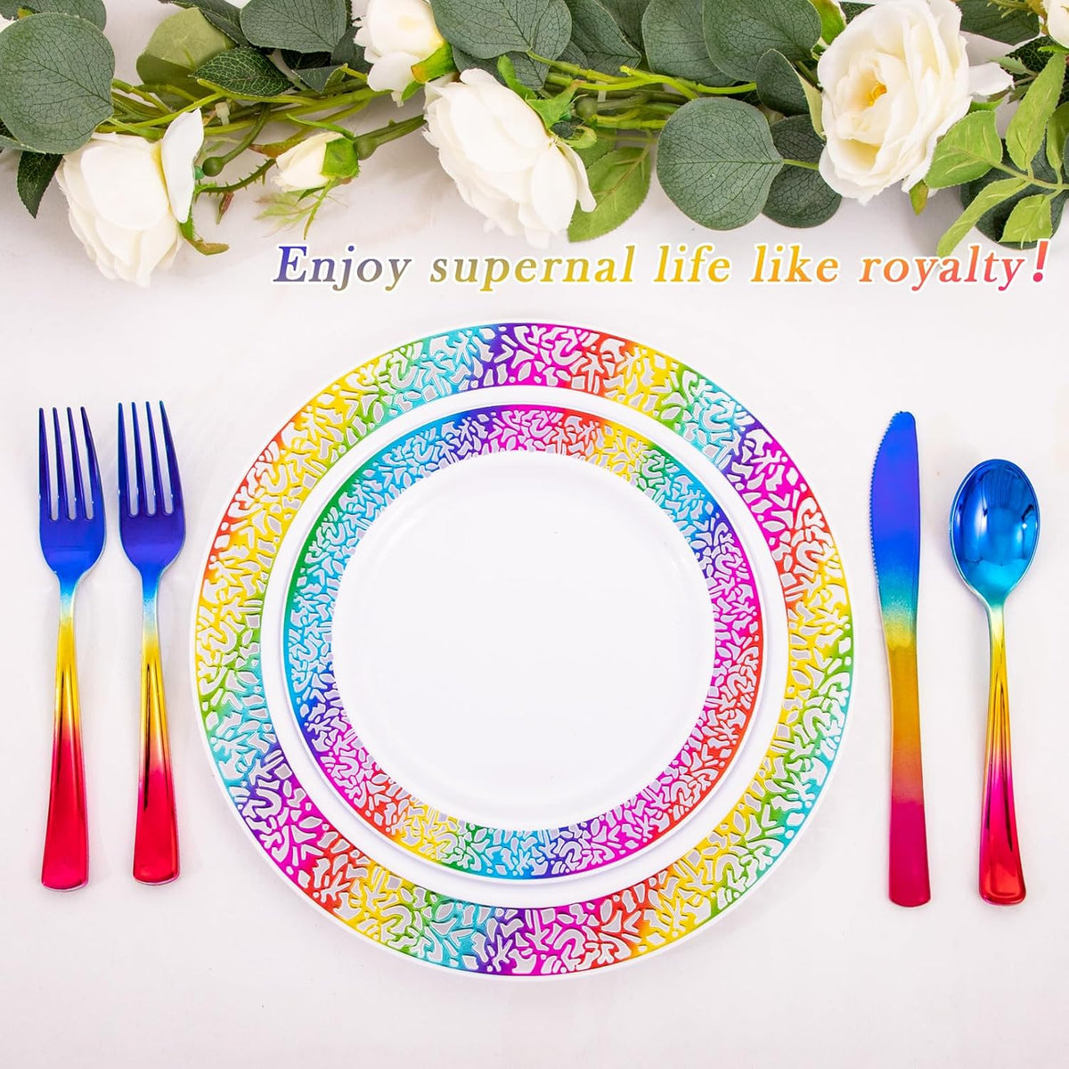 Supernal 120pcs Rainbow Plastic Silverware Set Colorful Party Utensils Blue Pink Gold Plastic