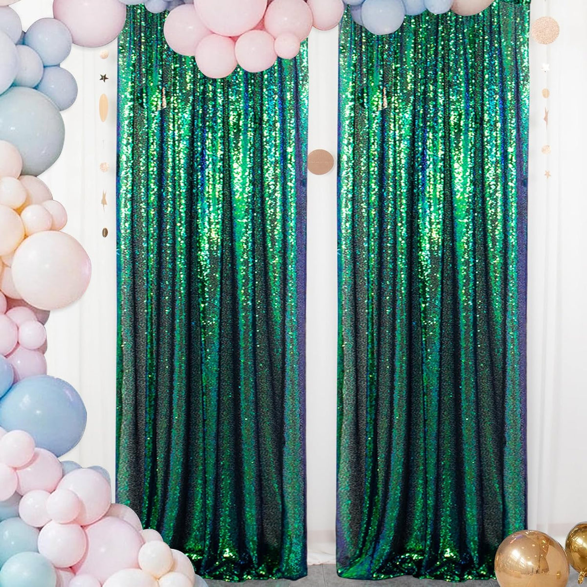 ShinyBeauty Iridescent Green Sequin Backdrop Curtain 5FTx10FT 2 Panels - Perfect for Party, Wedding