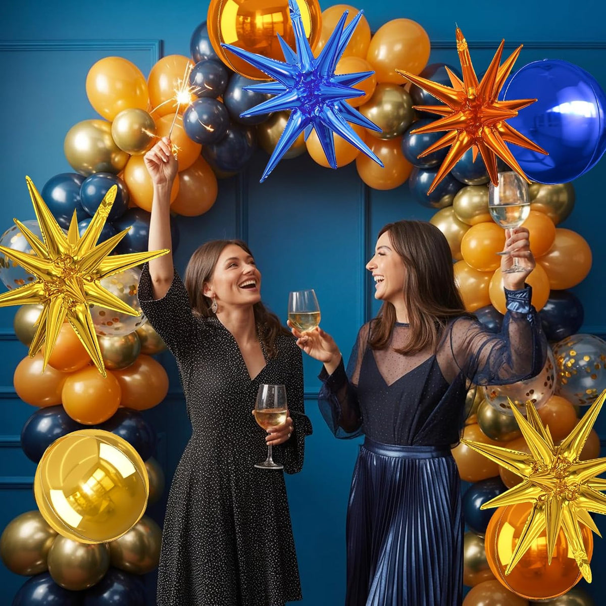 6Pcs Blue Orange Gold Foil Balloons,22Inch Orange Blue Gold 4D Round Ball Balloon and Explosion