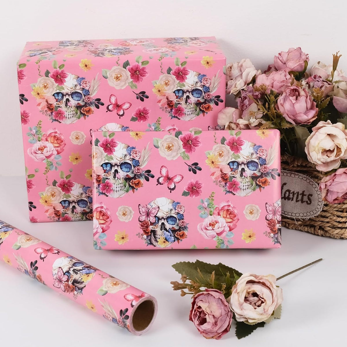 Aimyoo Gothic Wrapping Paper Roll, 17 Inch X 33 Feet Skull Floral Butterfly Design Gift Wrap Paper
