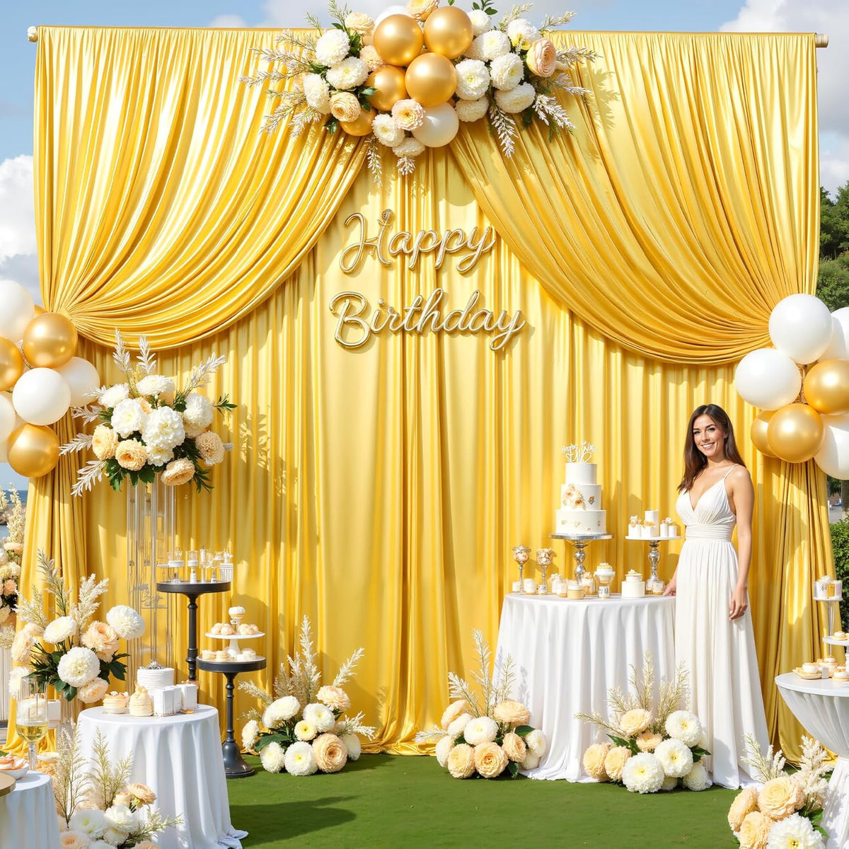 Gold Satin Backdrop Curtains 2 Panels - Glitter Photo Drapes for Baby Shower, 10x10FT Shimmer Back