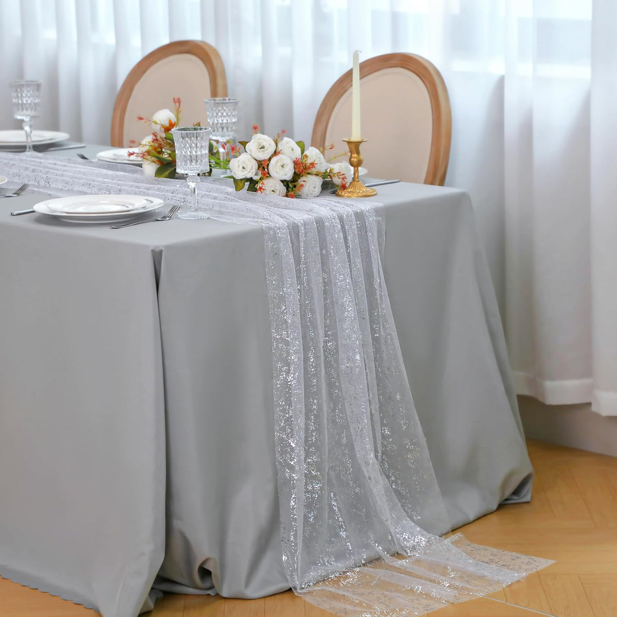 Snowkingdom 3 Pcs 10 FT Silver Cheesecloth Table Runner, 120 Inch Sheer Chiffon Gauze Runner