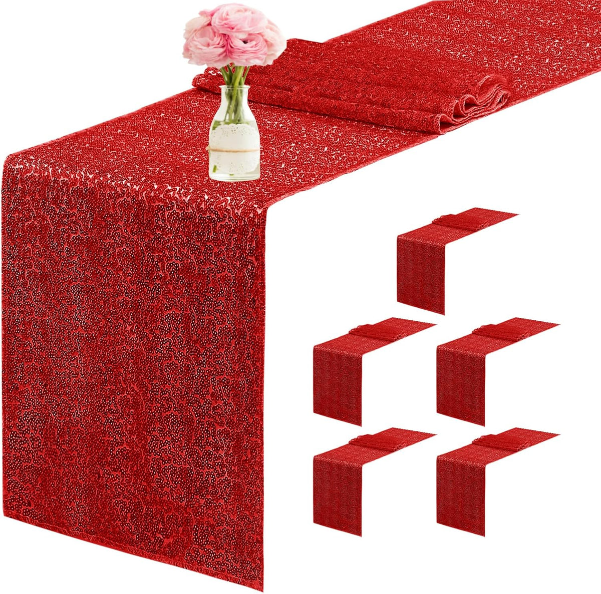 6 Packs 12 x 72 inches Sequin Table Runner, Red Glitter Table Runner for Birthday Party Supplies