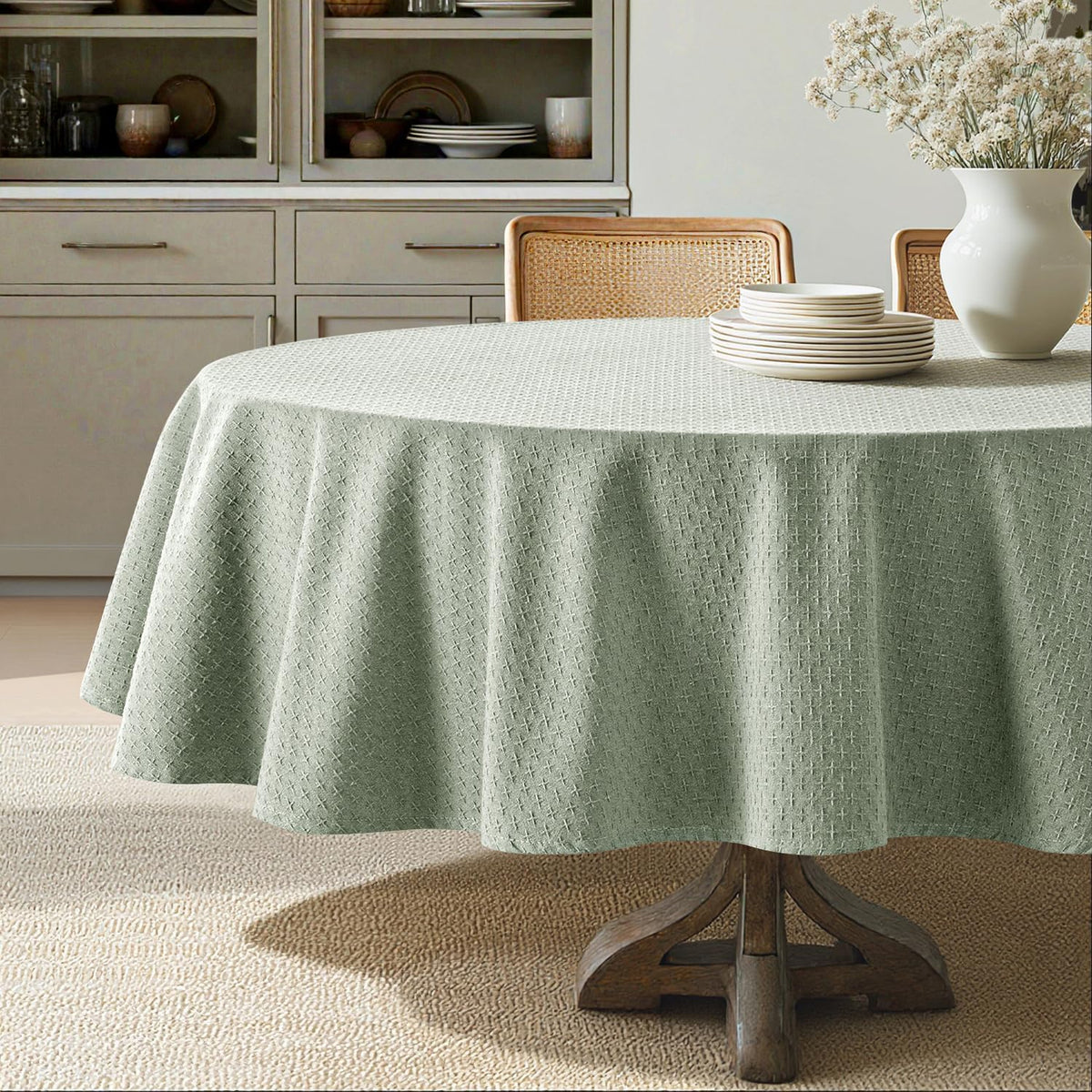 MIULEE Sage Green Linen Cottton Table Cloth Round Tablecloth Waterproof Spillproof Cross-Star