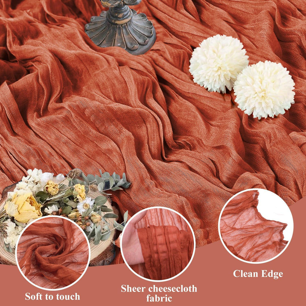 Asee'm 3pcs Cheesecloth Table Runner 120 Inches Long Terracotta Boho Gauze Cheese Cloth Runner 10FT