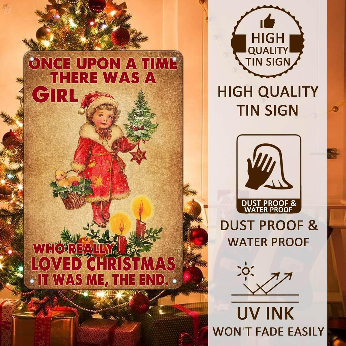 Vintage Christmas Metal Tin Sign Once Upon A Time Girl Loved 80s Christmas Style Wall Art Christmas
