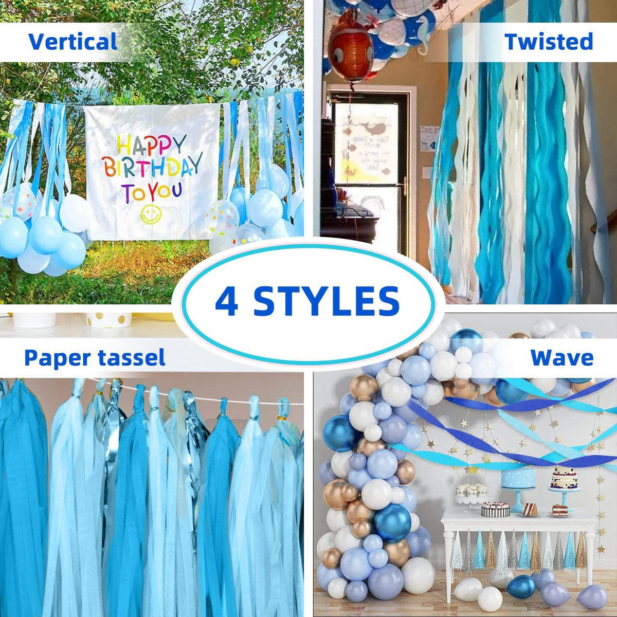 Crepe Paper Streamers 8 Rolls 656ft, Pack of Blue, Pastel Blue, Royal Blue, White Party Streamers