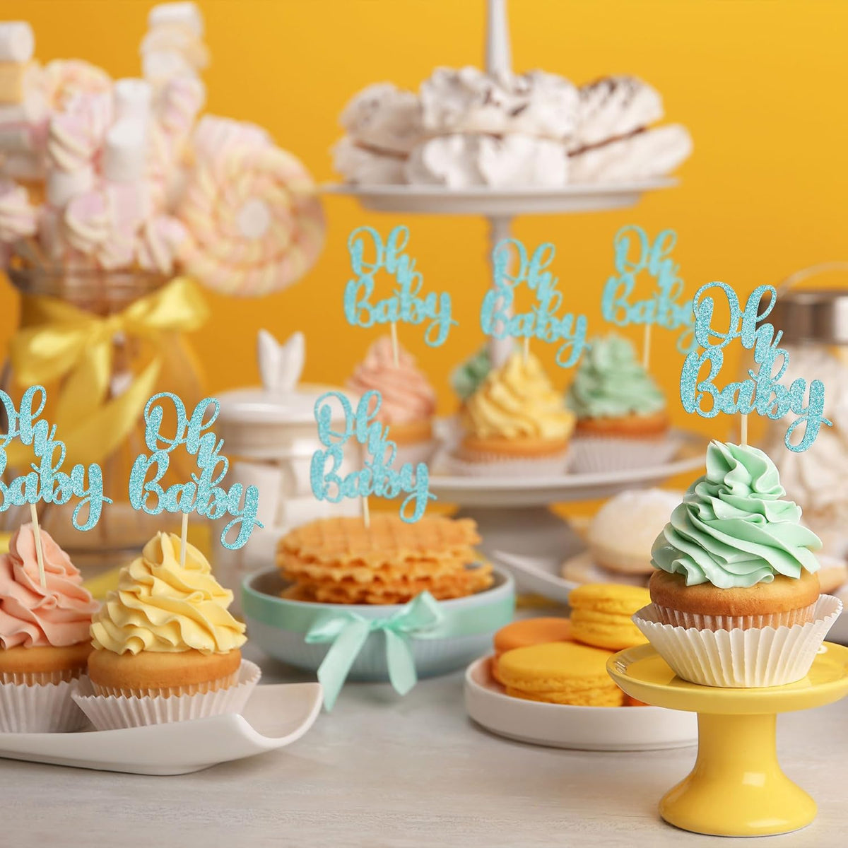 Gyufise 36Pcs Oh Baby Cupcake Toppers Glitter Baby Shower Cupcake Picks Oh Baby Cake Pick for Baby