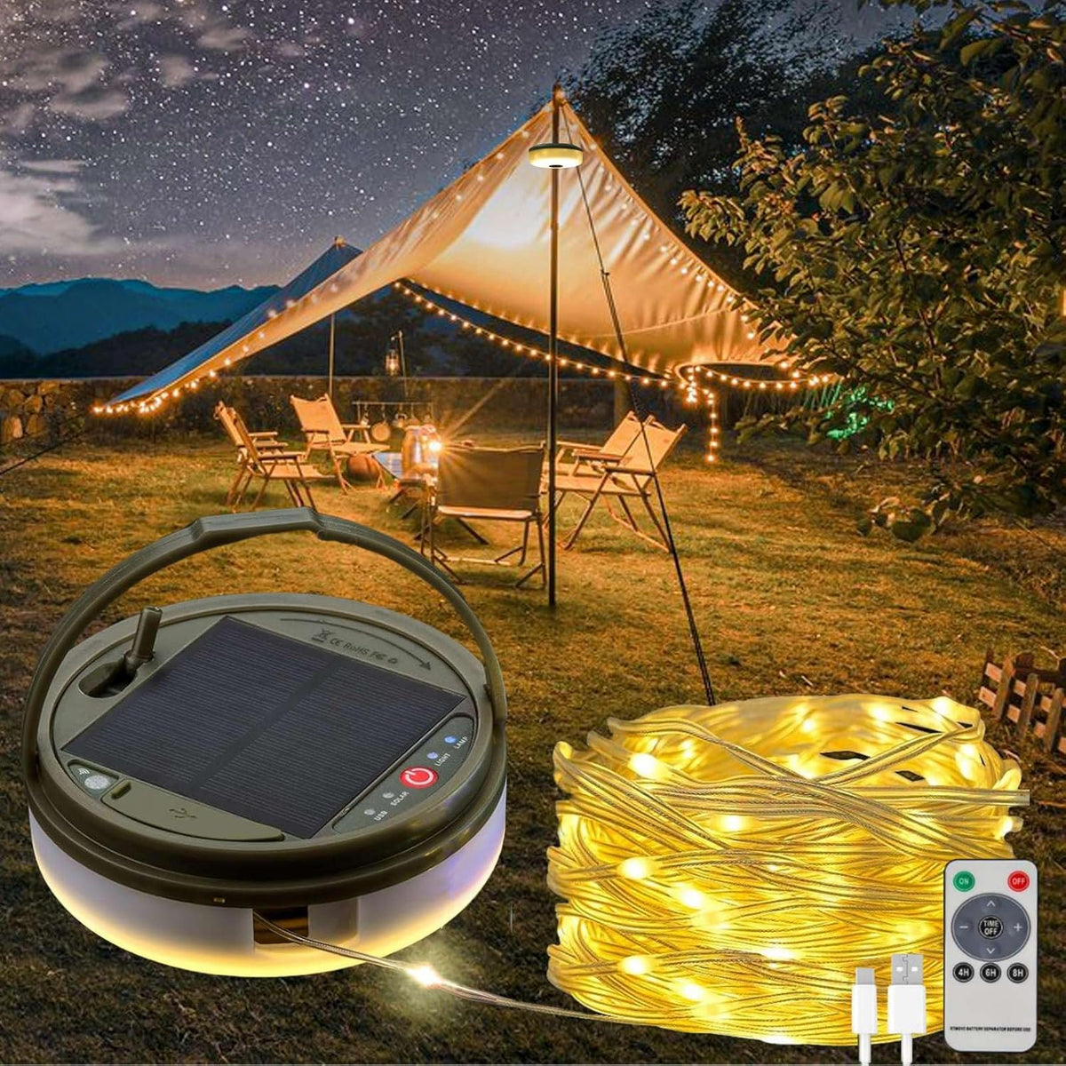 Solar Camping String Lights, 39.4FT Fairy String Lights 150LEDs, Portable Waterproof Camp Lamp with