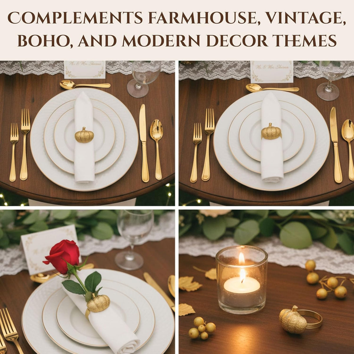 Set of 12 Pumpkin Napkin Rings | Premium Metal Fall Harvest Table Decor | Thanksgiving Dinnerware