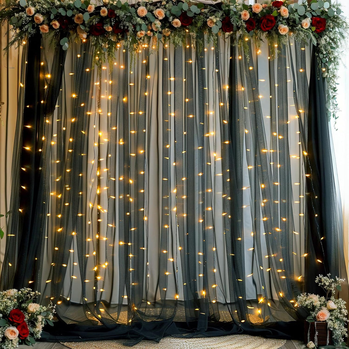Black Sheer Backdrop Curtains with Lights String for Parties Birthday 10ft × 8ft Black Tulle