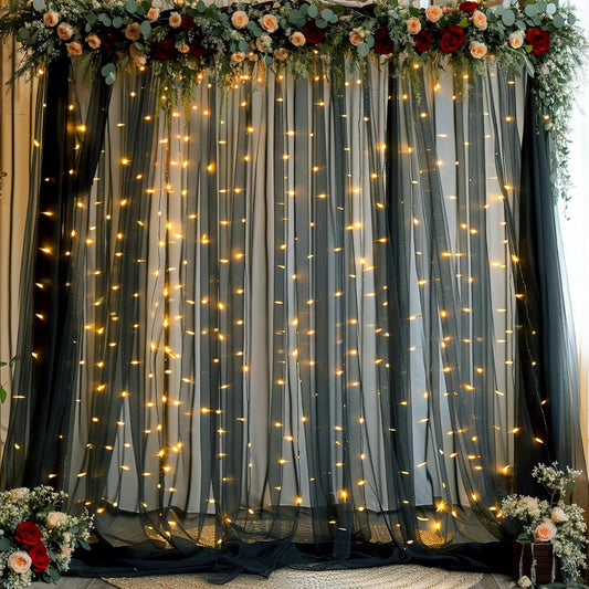 Black Sheer Backdrop Curtains with Lights String for Parties Birthday 10ft × 8ft Black Tulle