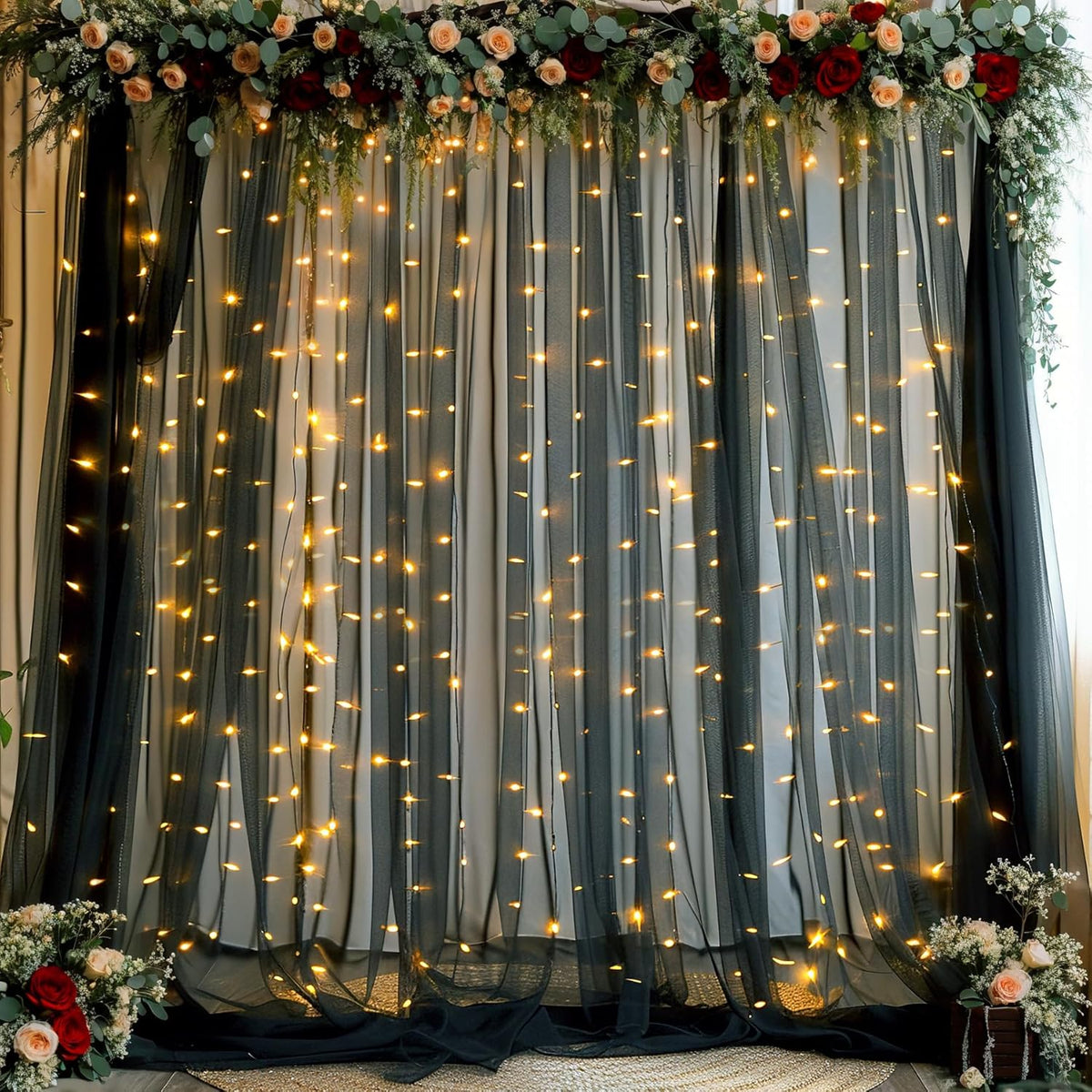 Black Backdrop Curtains with Lights String for Parties Wedding Bridal Shower 10×10ft Sheer Tulle