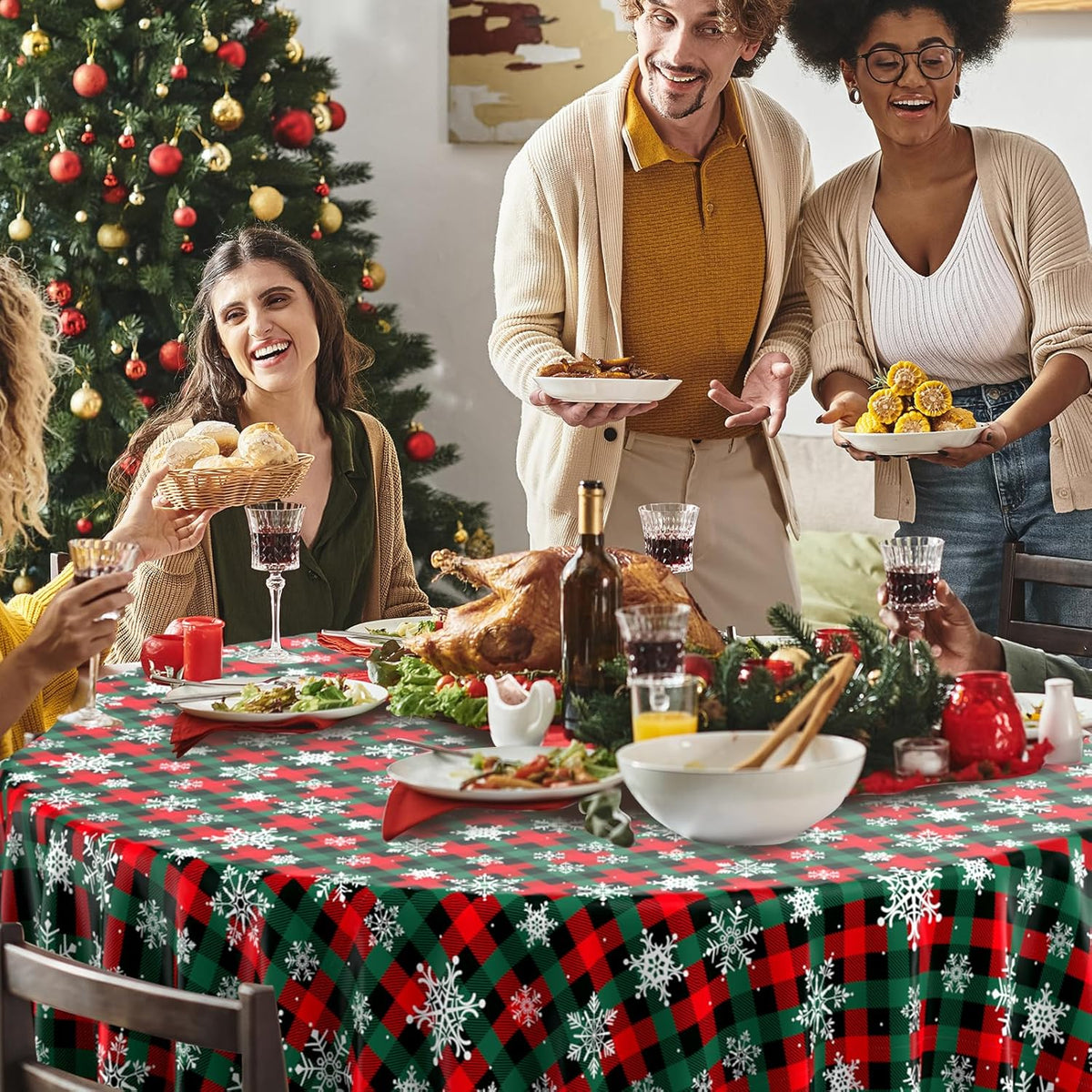 12Pcs Christmas Buffalo Plaid Snowflake Party Tablecloths Decorations,Plastic Red and Green