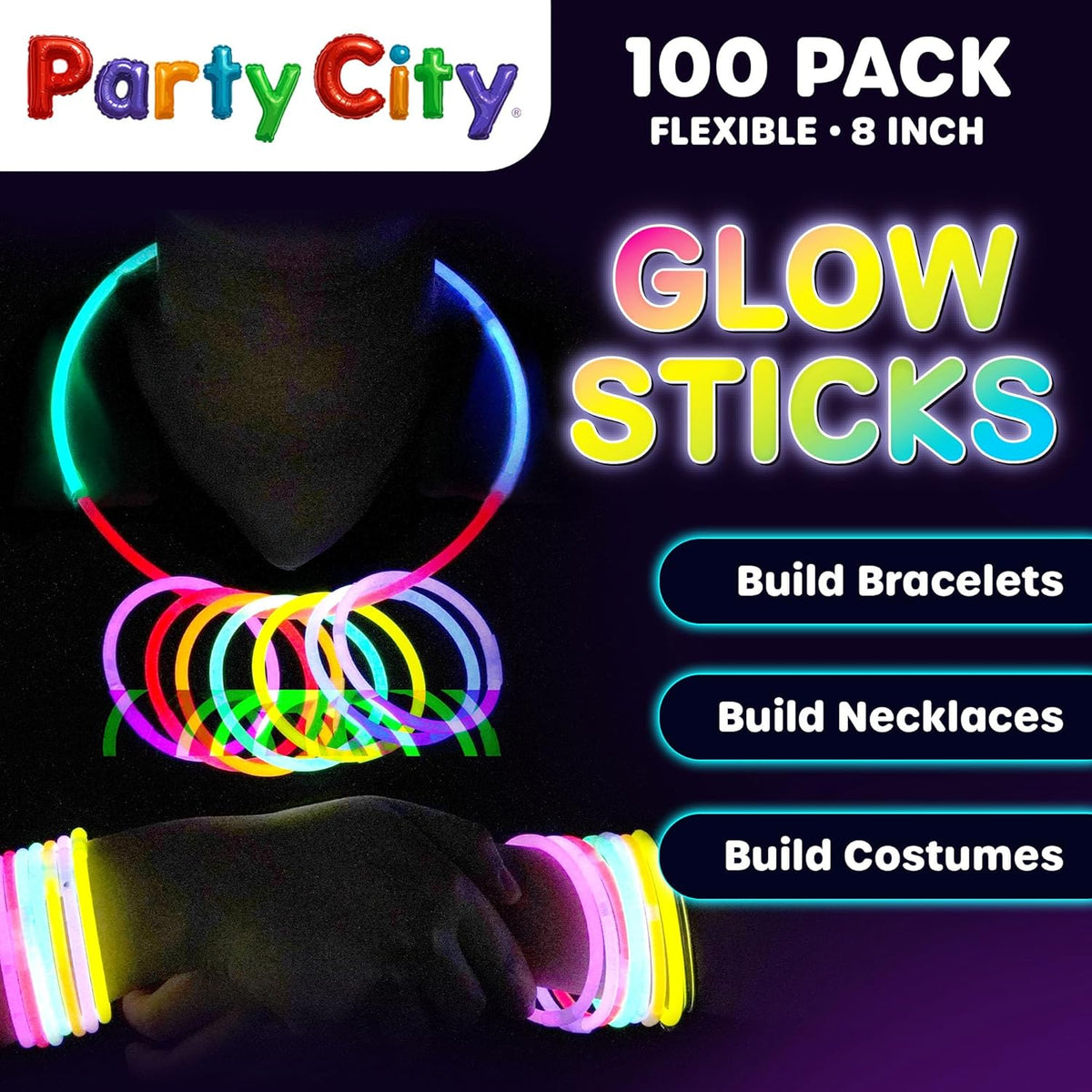 Party City 100 Glow Sticks Bulk Party Pack 8”– Neon Glow in the Dark Party Supplies, Glowsticks