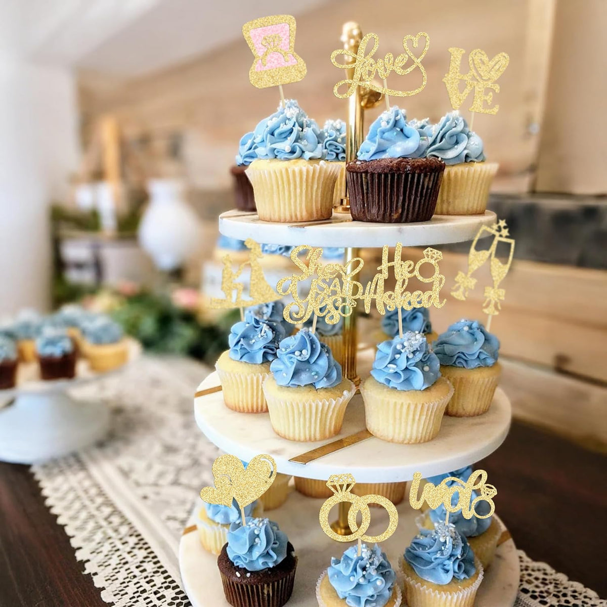 Ephlyn 30Pcs He Asked She Said Yes Cupcake Toppers Glitter Engagement Cupcake Toppers Diamond Ring