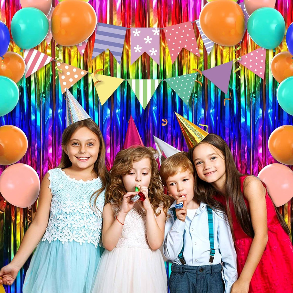 6 Pack Rainbow Foil Fringe Curtains Backdrop, 3.28 x 8.2 Ft Metallic Streamers Tinsel Curtains
