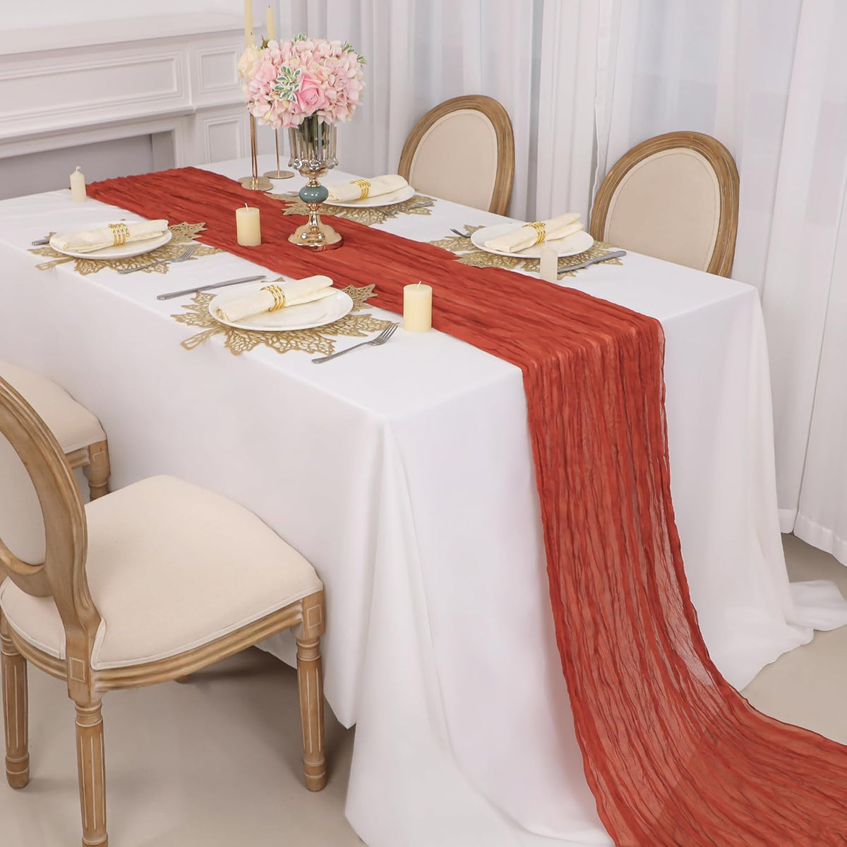 Snowkingdom 6PCS 13Ft Terracotta Cheesecloth Table Runner Bulk, 160inch Long Rust Cheese Cloth Boho