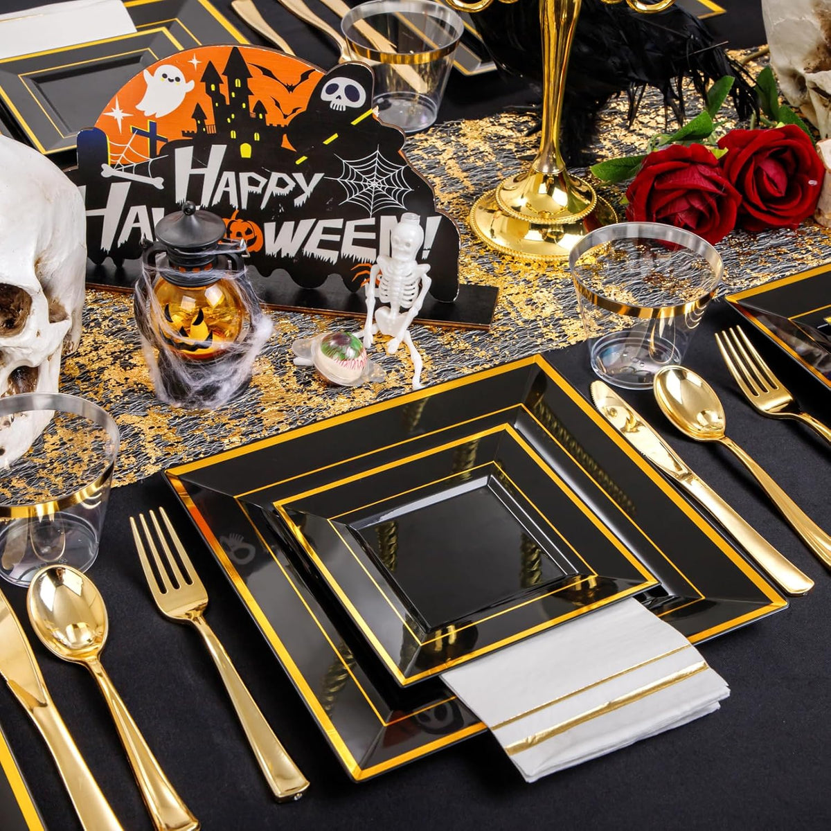 Festiva 350Pcs Black and Gold Plastic Plates-50Guests Disposable Square Black Dinnerware Set