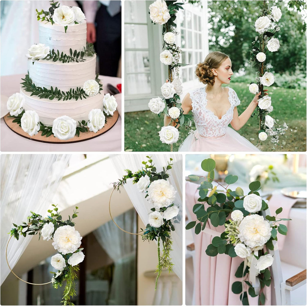 AmyHomie White Artificial Flowers Combo Silk Mix Peony Rose Hydrangea Daisy Fake Flowers w/Stem for