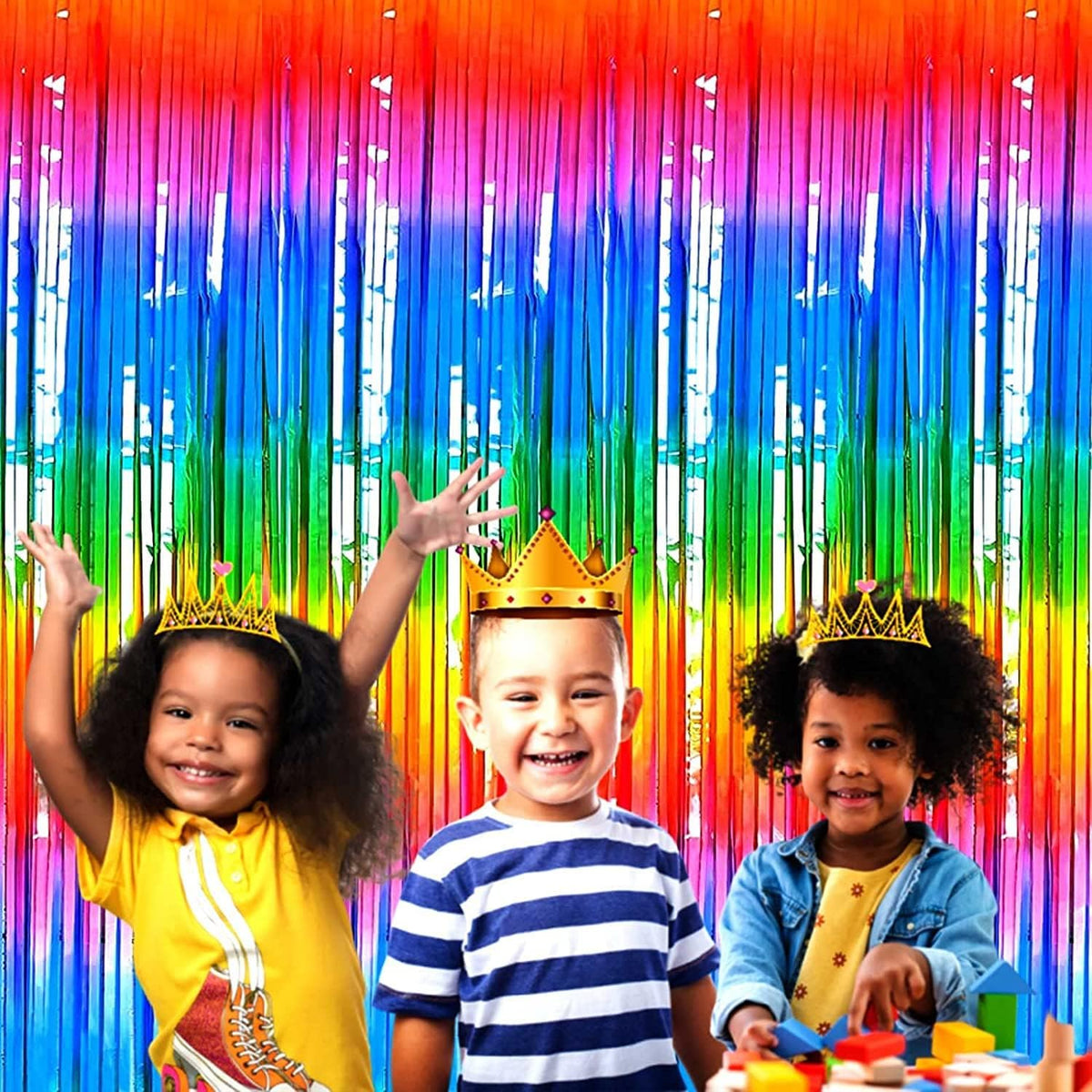 4 Pack Rainbow Tinsel Foil Fringe Curtain Backdrop, 3.28Ft x 8.2Ft Colorful Metallic Streamers for