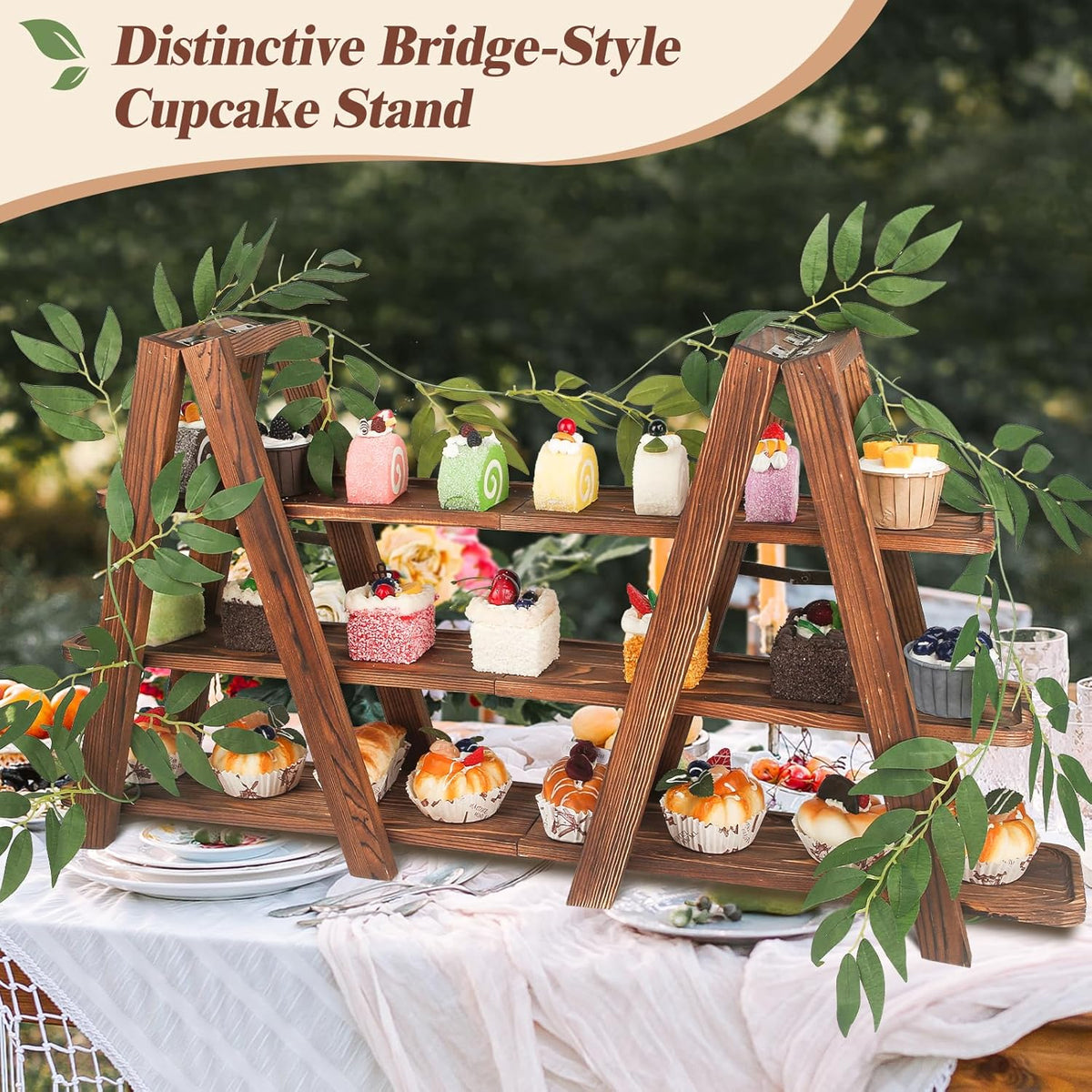 Wooden 3-Tier Cupcake Stand with Removable Trays & Vine Decoration – Foldable Party Display Serving