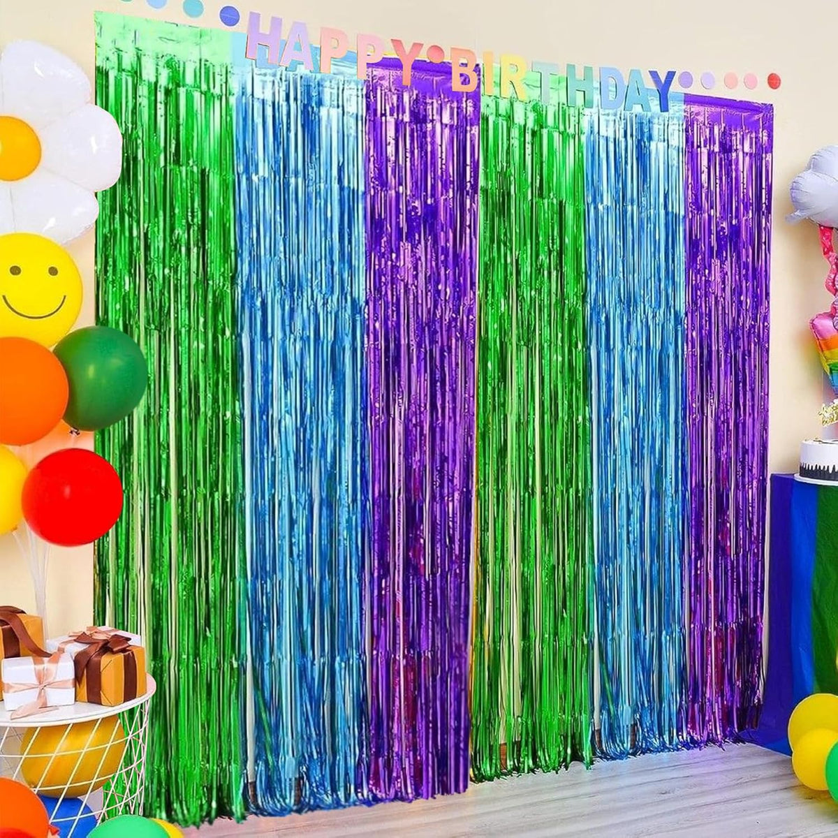 CANREVEL 2 Pack 3.3x8.2 Feet Green Blue and Purple Foil Fringe Backdrop Curtains, Tinsel Streamers