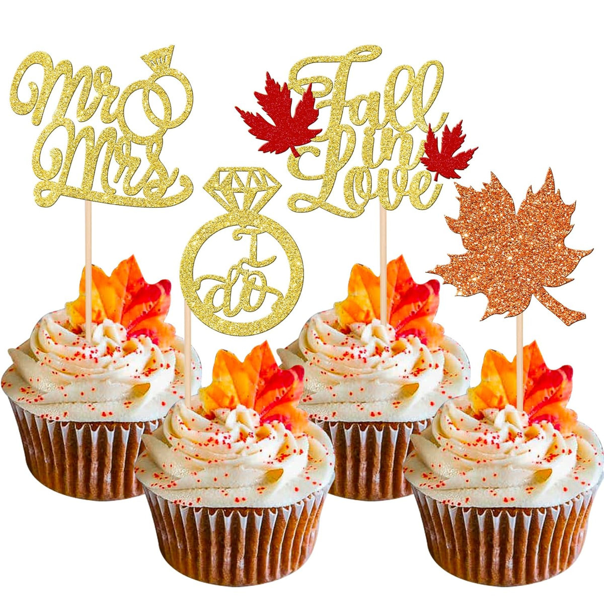 24 PCS Fall in Love Cupcake Toppers Glitter Maple Leaf Cupcake Picks Mr & Mrs Diamond I Do Cupcake