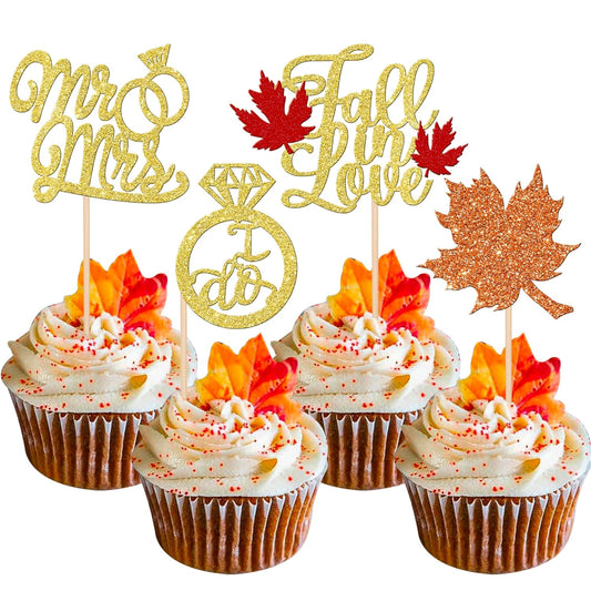 24 PCS Fall in Love Cupcake Toppers Glitter Maple Leaf Cupcake Picks Mr & Mrs Diamond I Do Cupcake