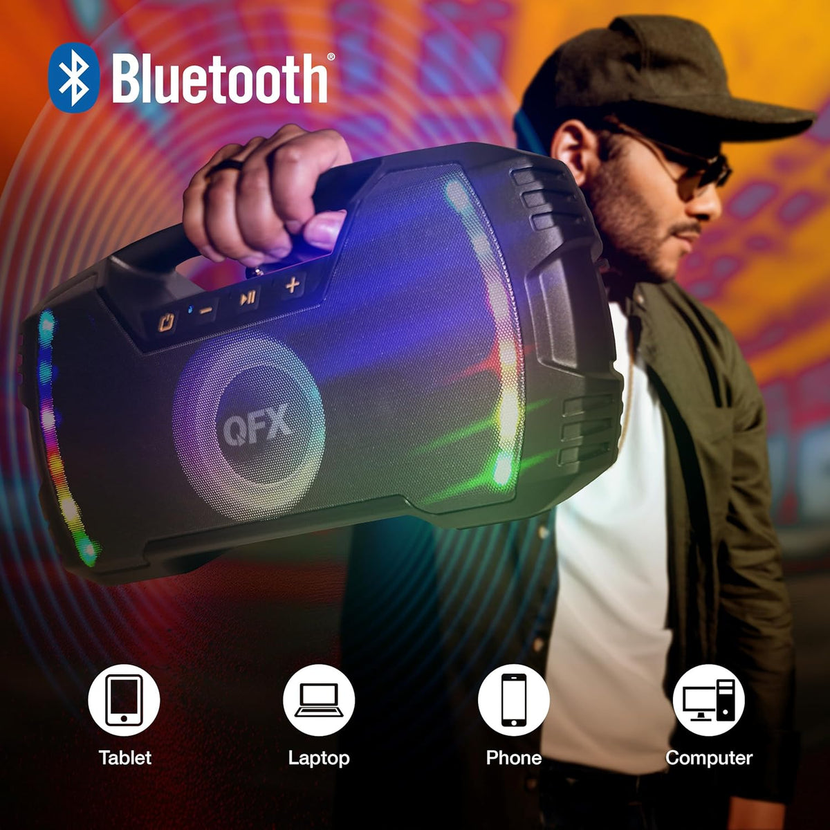 Powerful & Portable Waterproof All Terrain Bluetooth Speaker with Deep Bass, LED Party Lights, Fast