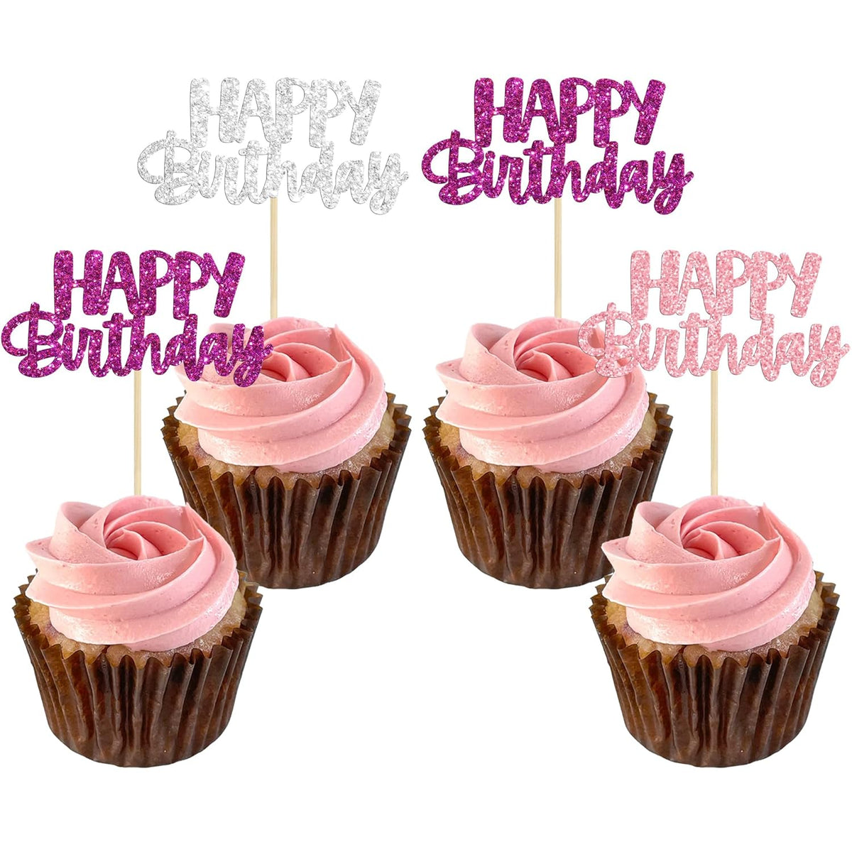 Gyufise 24Pcs Happy Birthday Cupcake Toppers Glitter Birthday Cupcake Food Picks for Celebrating