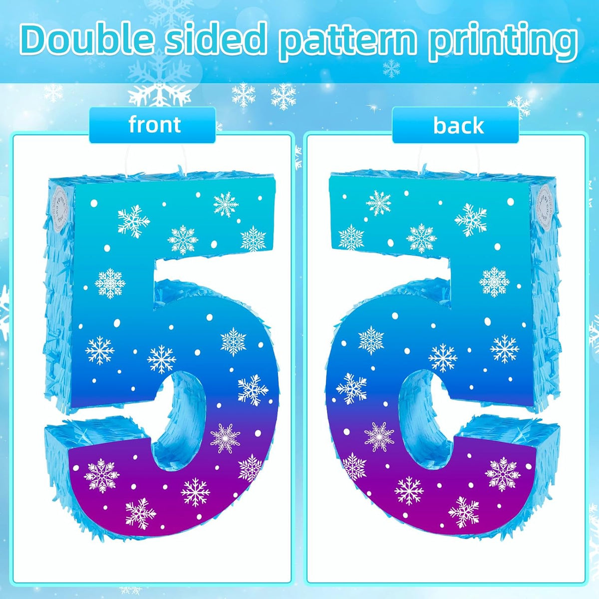 Snowflake Birthday Decorations, Winter Ice Snowflake Number 5 Pinata with Stick Blindfold and