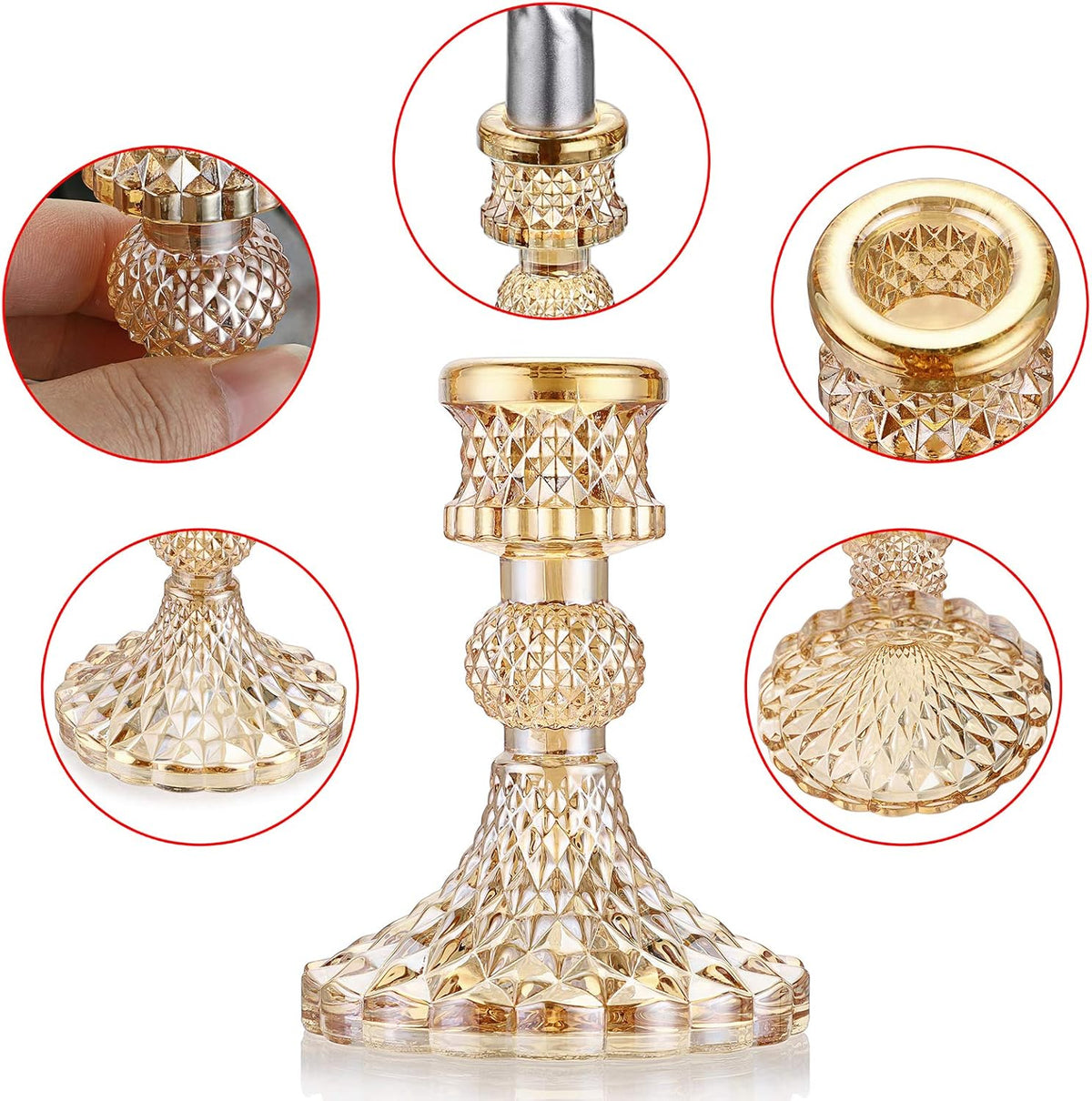 OwnMy Set of 2 Gold Glass Taper Candle Holders Decorative Glass Candlestick Holders, Modern Taper