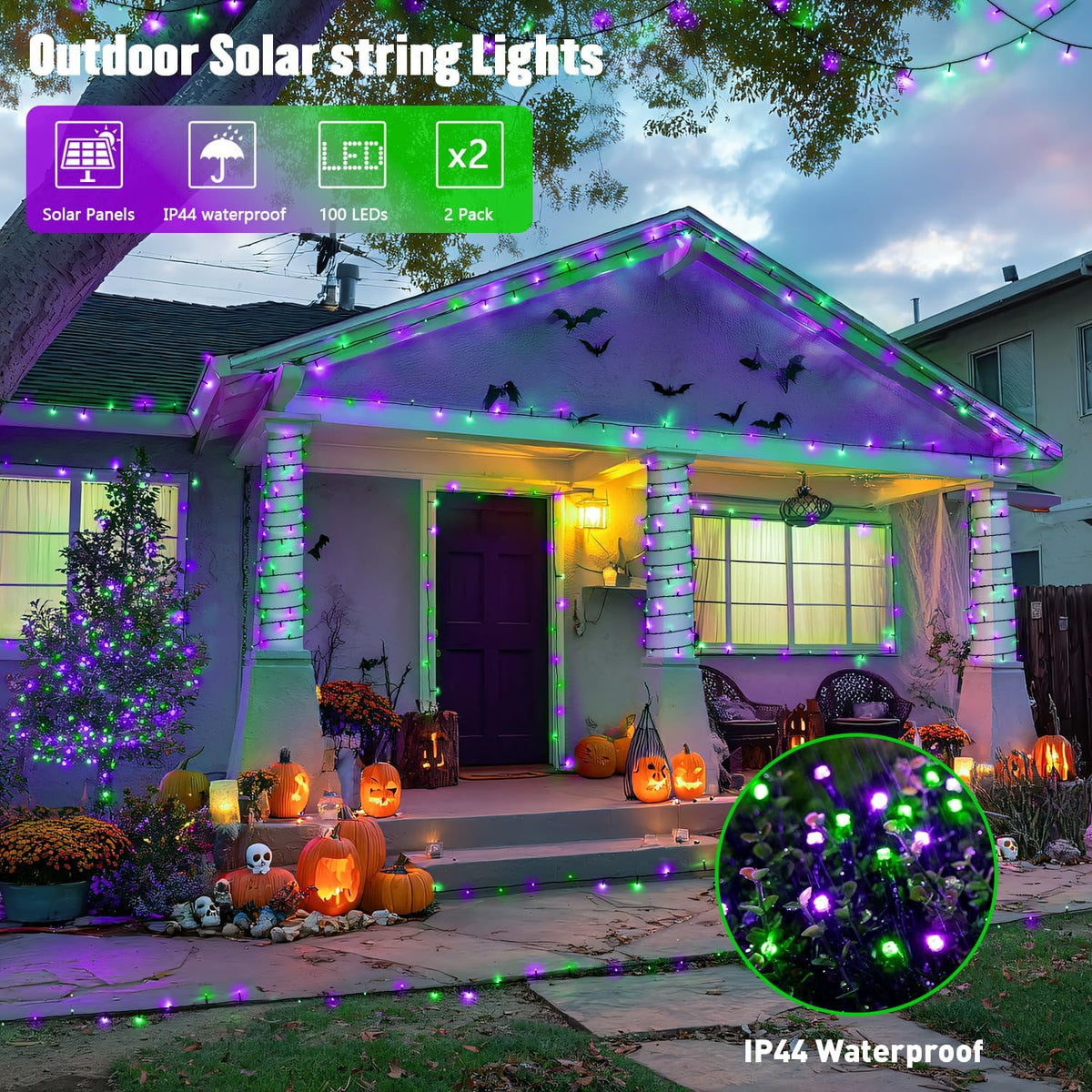 JMEXSUSS Purple and Green Halloween Lights, Total 66 FT 200 LED Solar Halloween Lights Outdoor, 2