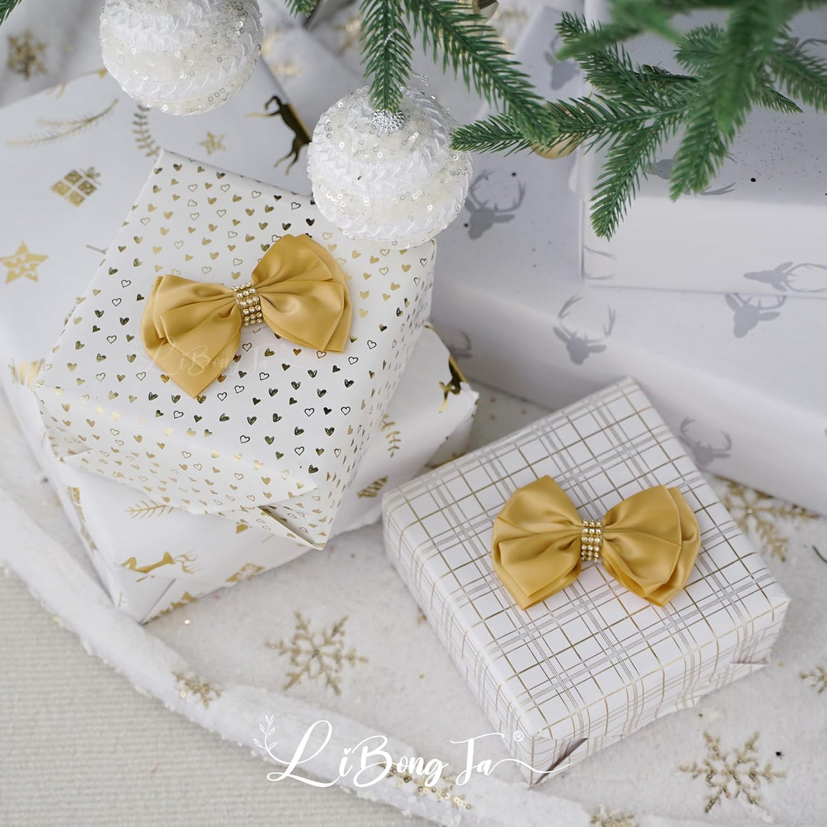 Gold Bows 4'' Premade Satin Ribbon Bow, Gift Bows with Rhinestone, Wrapping Bows for Presents
