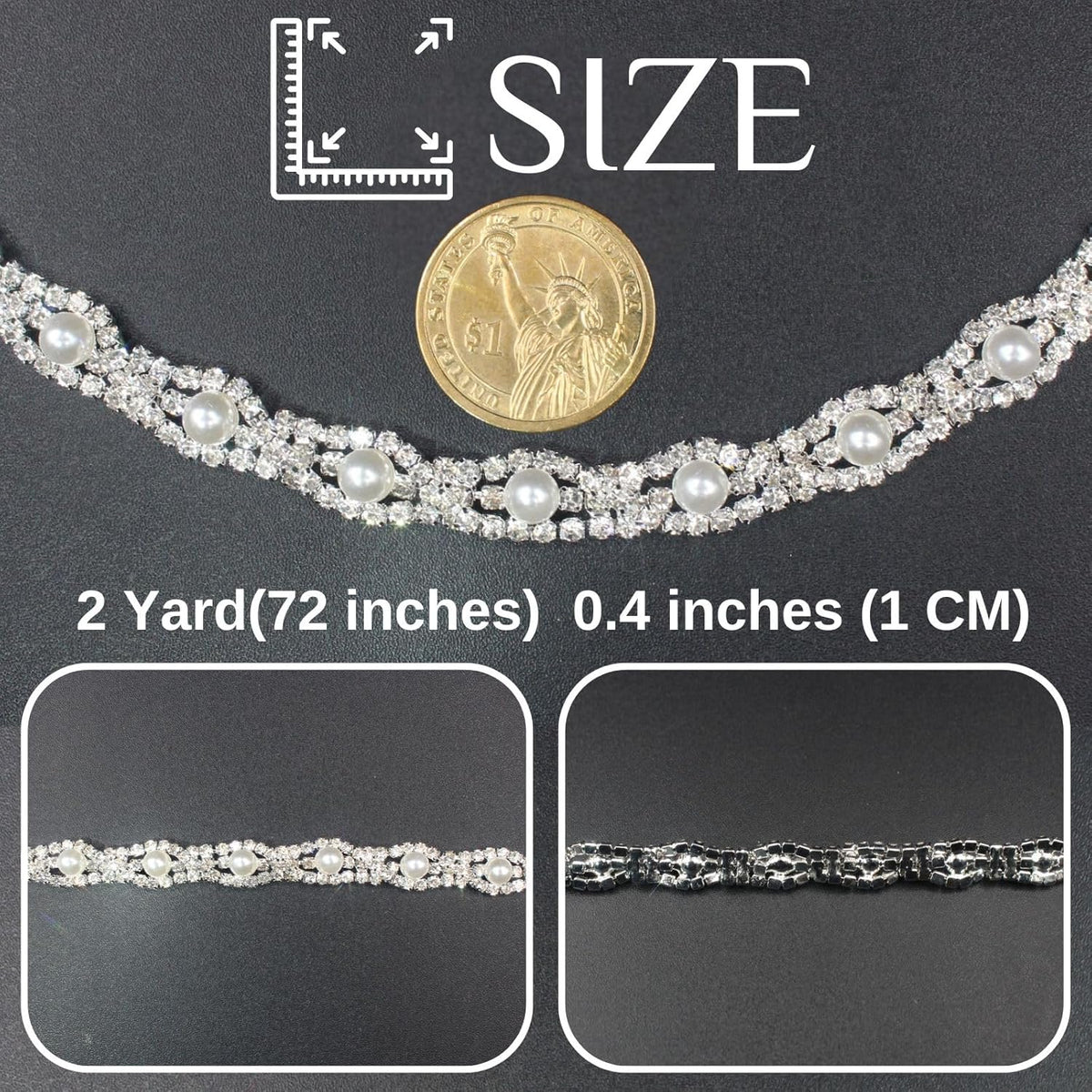 PEARLY JUN 2 Yards Pearl Rhinestone Trim Chain Silver Crystal Fringe Diamond Applique Ribbon String