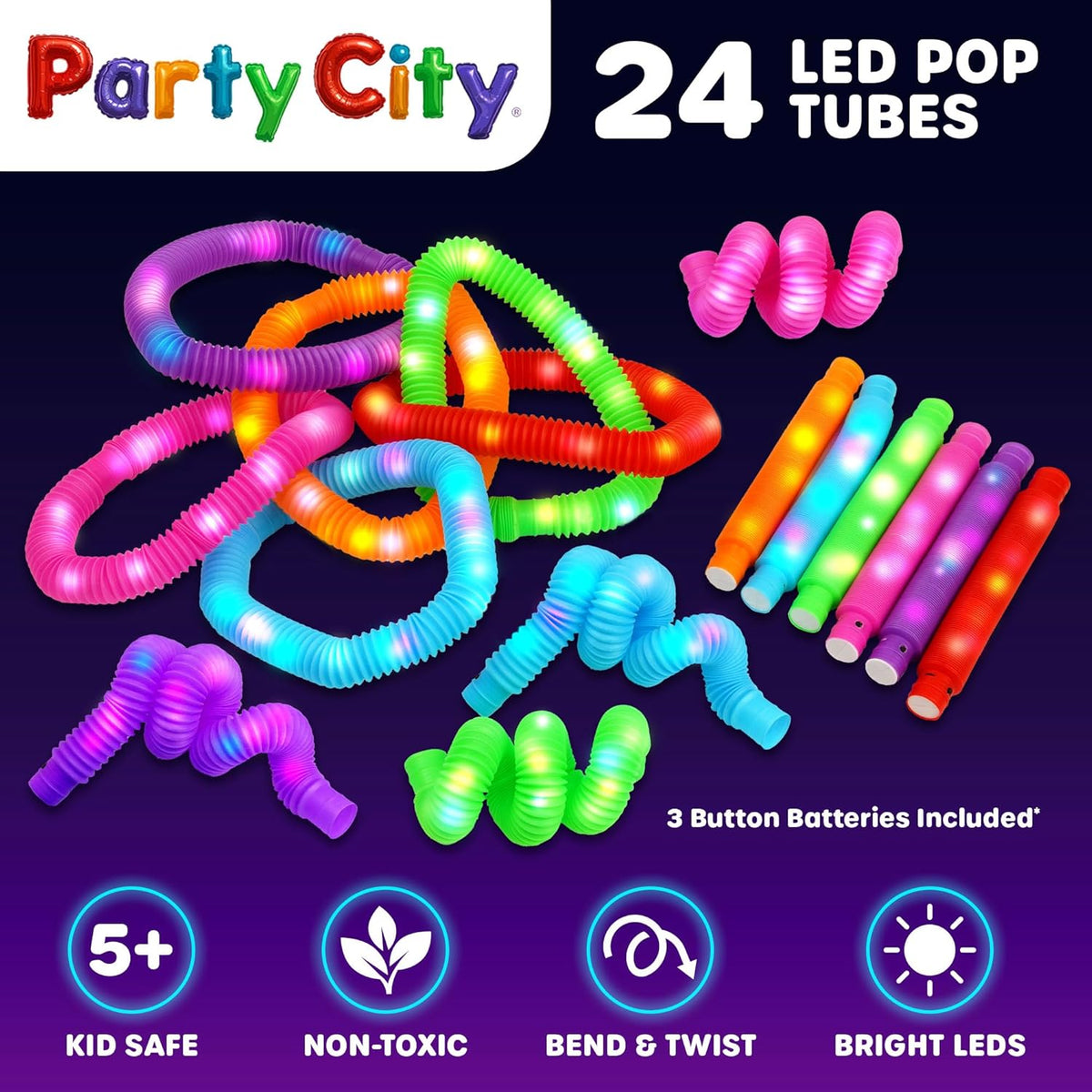 Party City 24pk LED Light Up Pop Tubes 25”- 3 Mode Stretchy Tubes LED Light Up Toys Bulk Glow